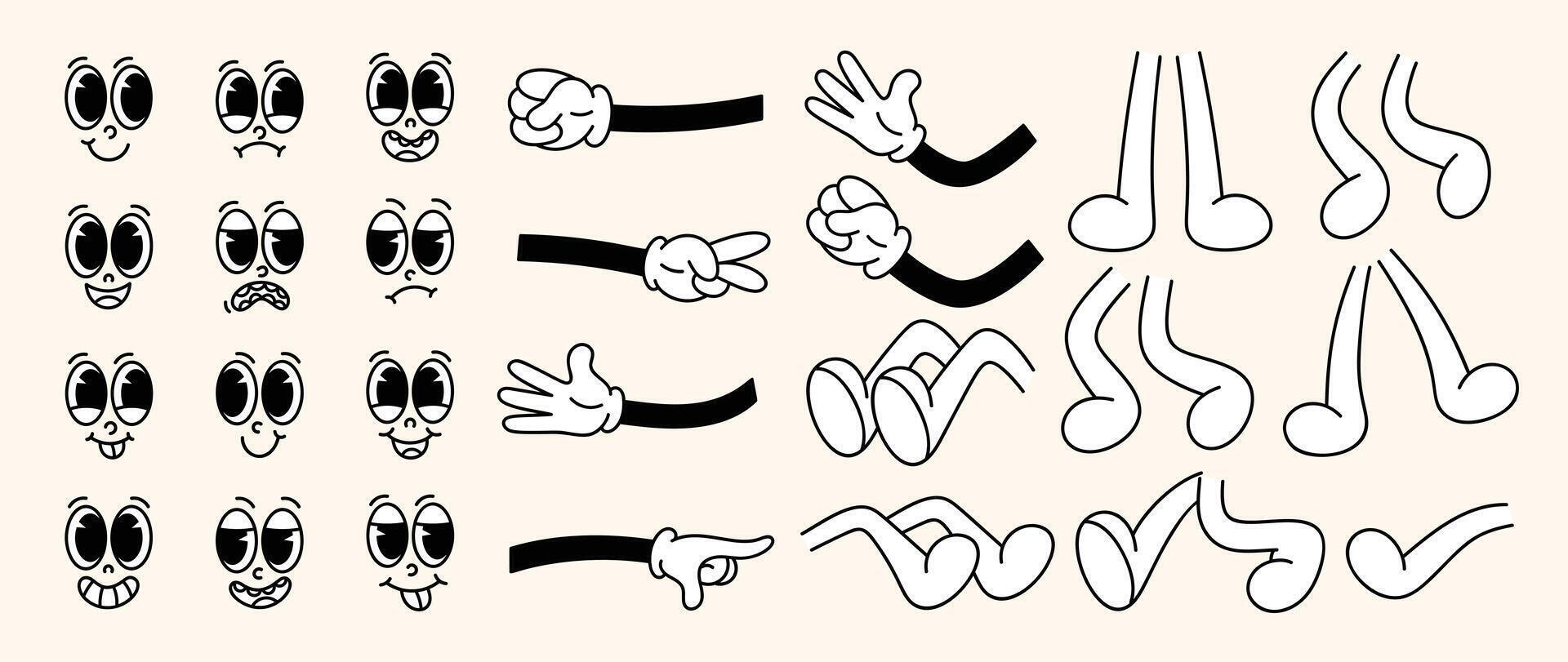 Set of 70s groovy comic faces vector. Collection of cartoon character faces, leg, hand in different emotions happy, angry, sad, cheerful. Cute retro groovy hippie illustration for decorative, sticker. vector