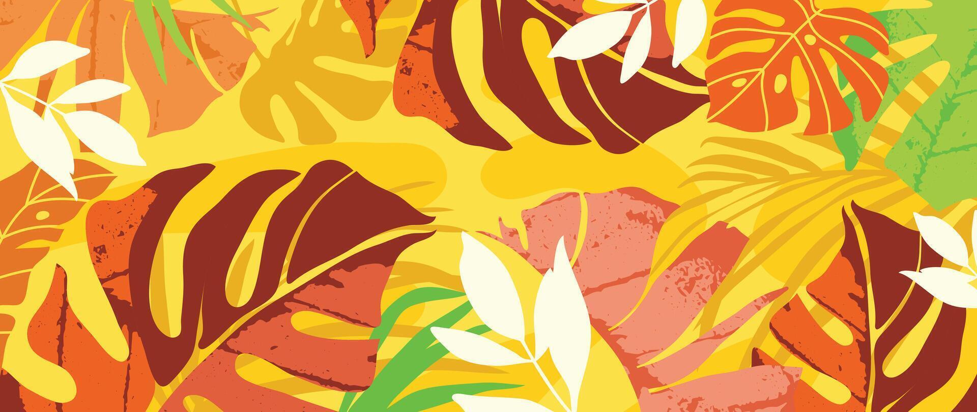 Summer tropical jungle yellow background vector. Colorful botanical with exotic plant, flowers, palm leaves, grunge texture. Happy summertime illustration for poster, cover, banner, prints. vector
