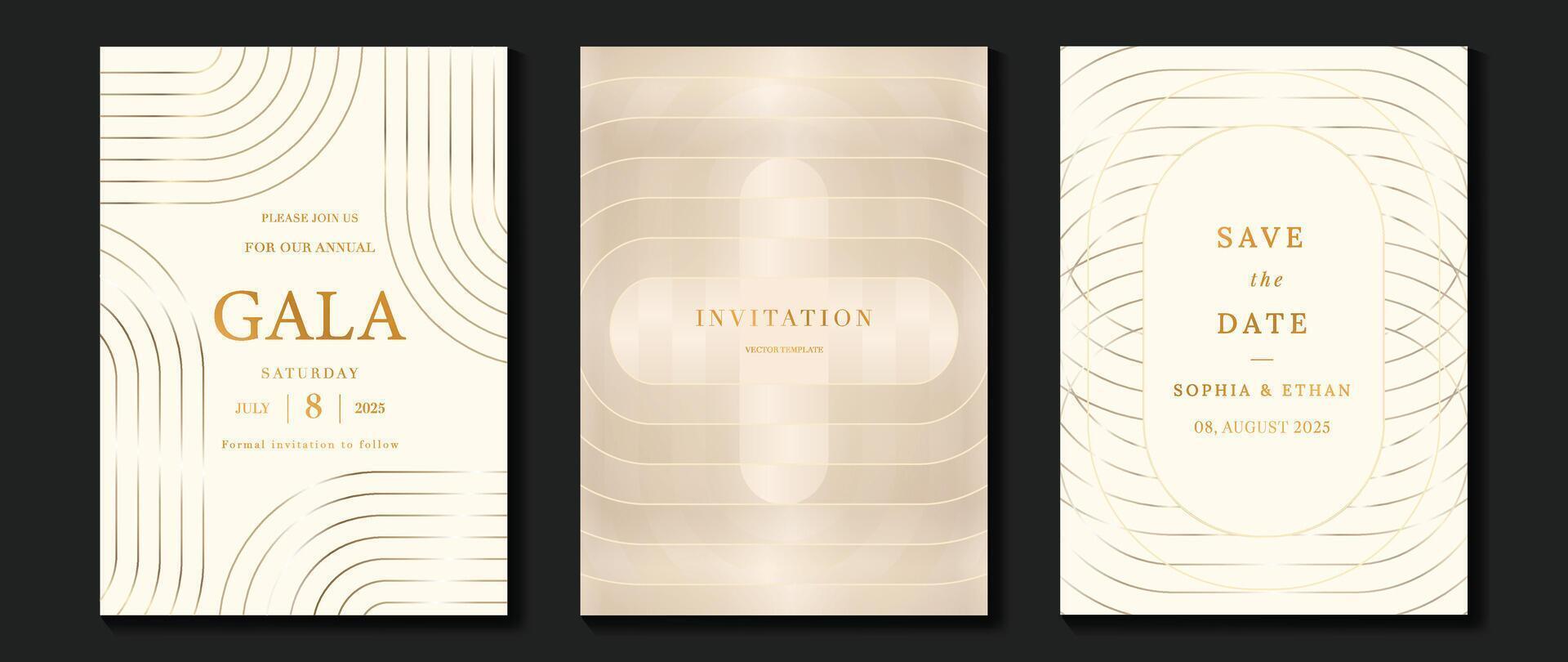 lujo invitación tarjeta antecedentes vector. dorado elegante ondulado oro línea modelo en ligero antecedentes. prima diseño ilustración para Boda y VIP cubrir plantilla, grandioso apertura. vector