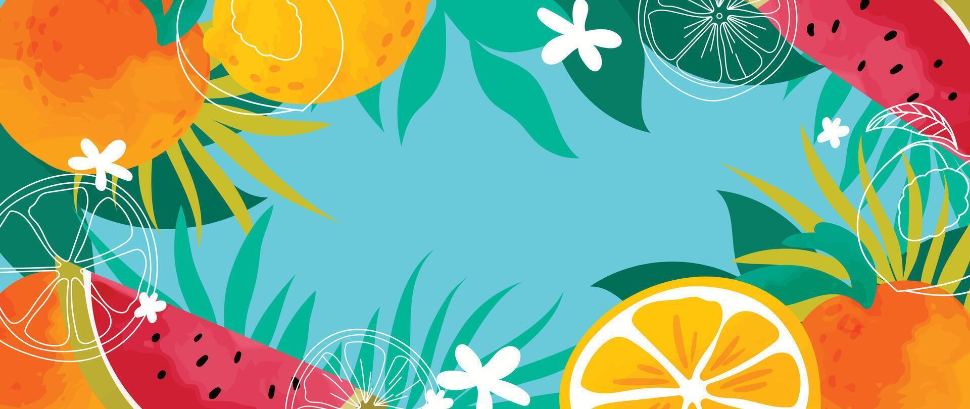 verano tropical selva verde antecedentes vector. vistoso botánico con exótico planta, flores, palma hojas, fruta, acuarela textura. contento Hora de verano ilustración para póster, cubrir, bandera, huellas dactilares. vector