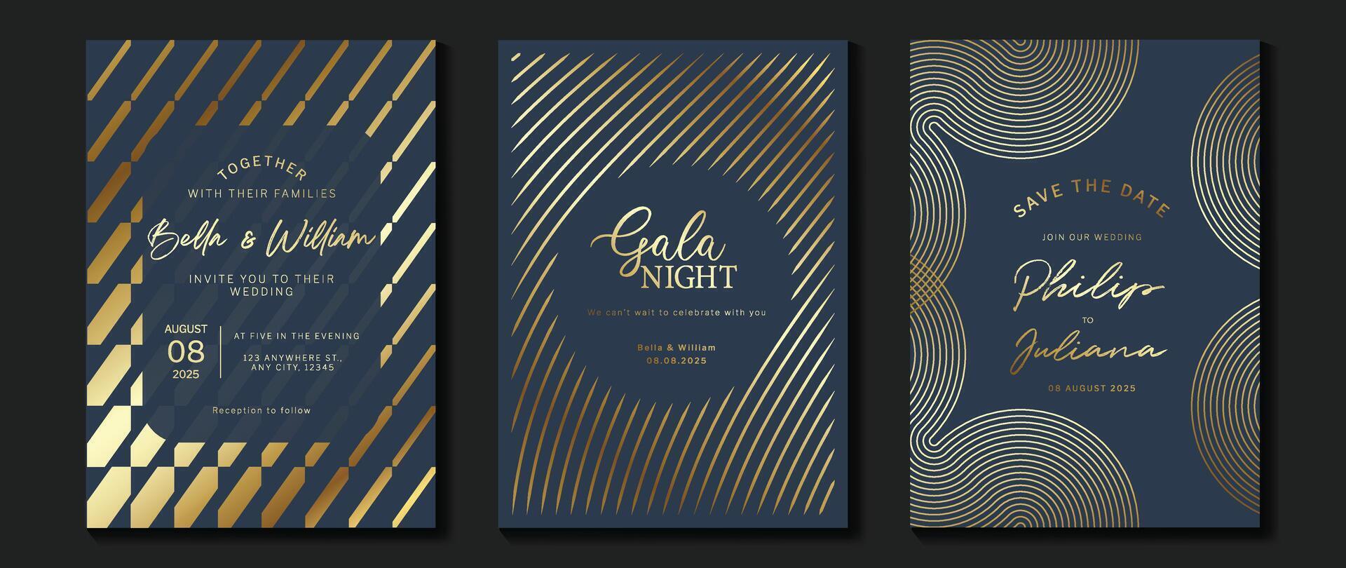 Luxury invitation card background vector. Golden elegant wavy gold line pattern on blue background. Premium design illustration for wedding and vip cover template, grand opening. vector