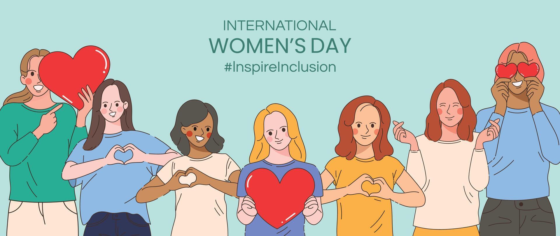 International Women's Day banner vector. Inspire Inclusion hashtag slogan with hand drawn women character from diverse background heart shape hand gesture. Design for poster, campaign, social media. vector