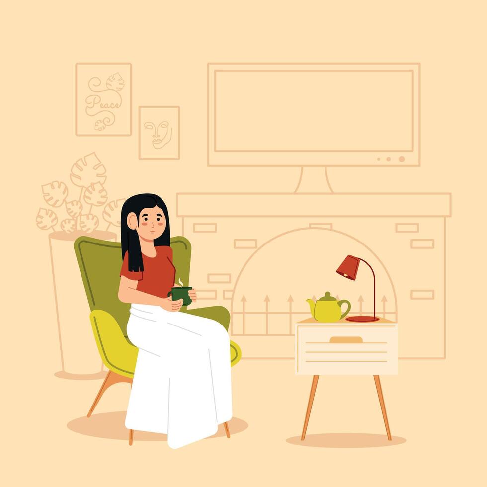 Relaxed woman taking a coffee cup Hygge concept Vector