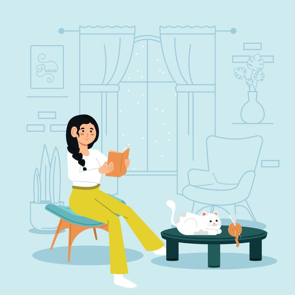 Relaxed woman reading a book Hygge concept Vector