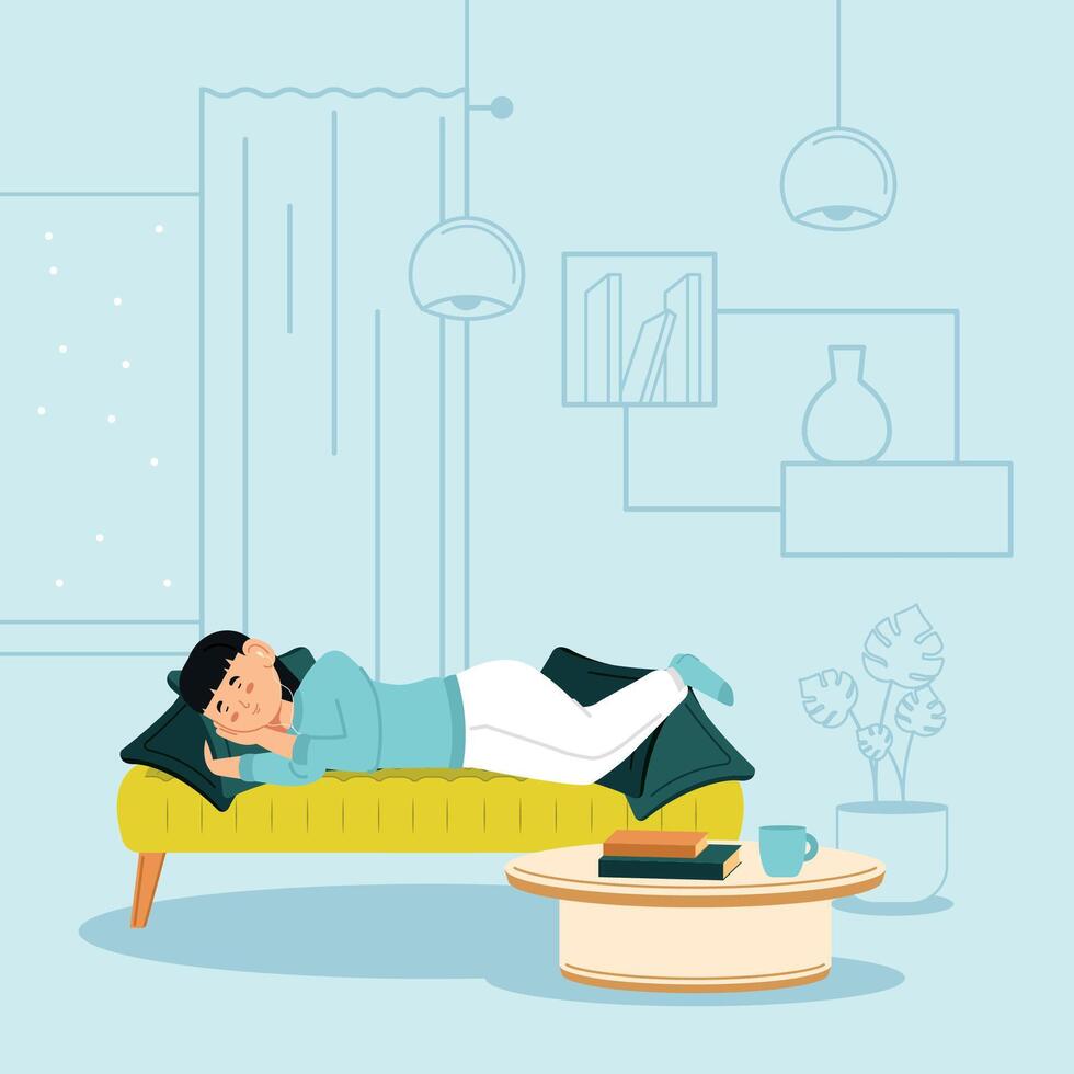 Comfortable sleeping woman Hygge concept Vector