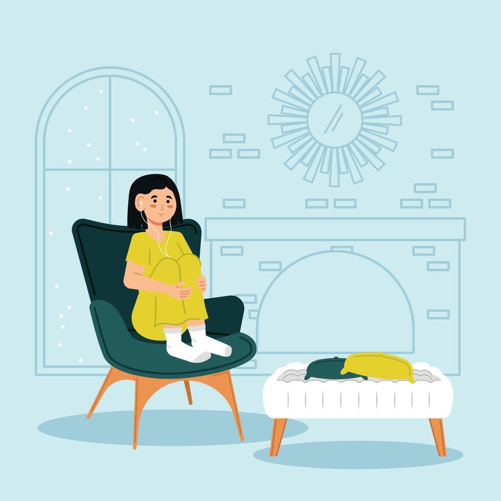 Relaxed woman sitting Hygge concept Vector