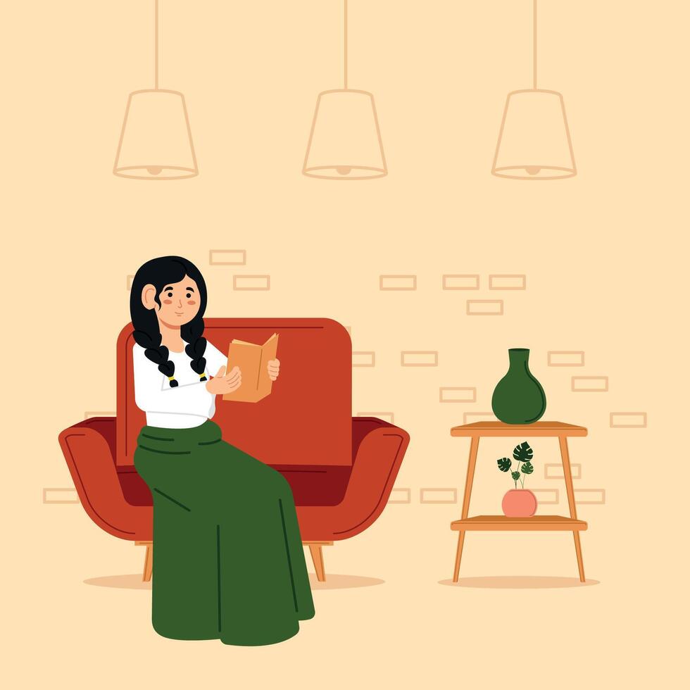 Relaxed woman reading a book Hygge concept Vector