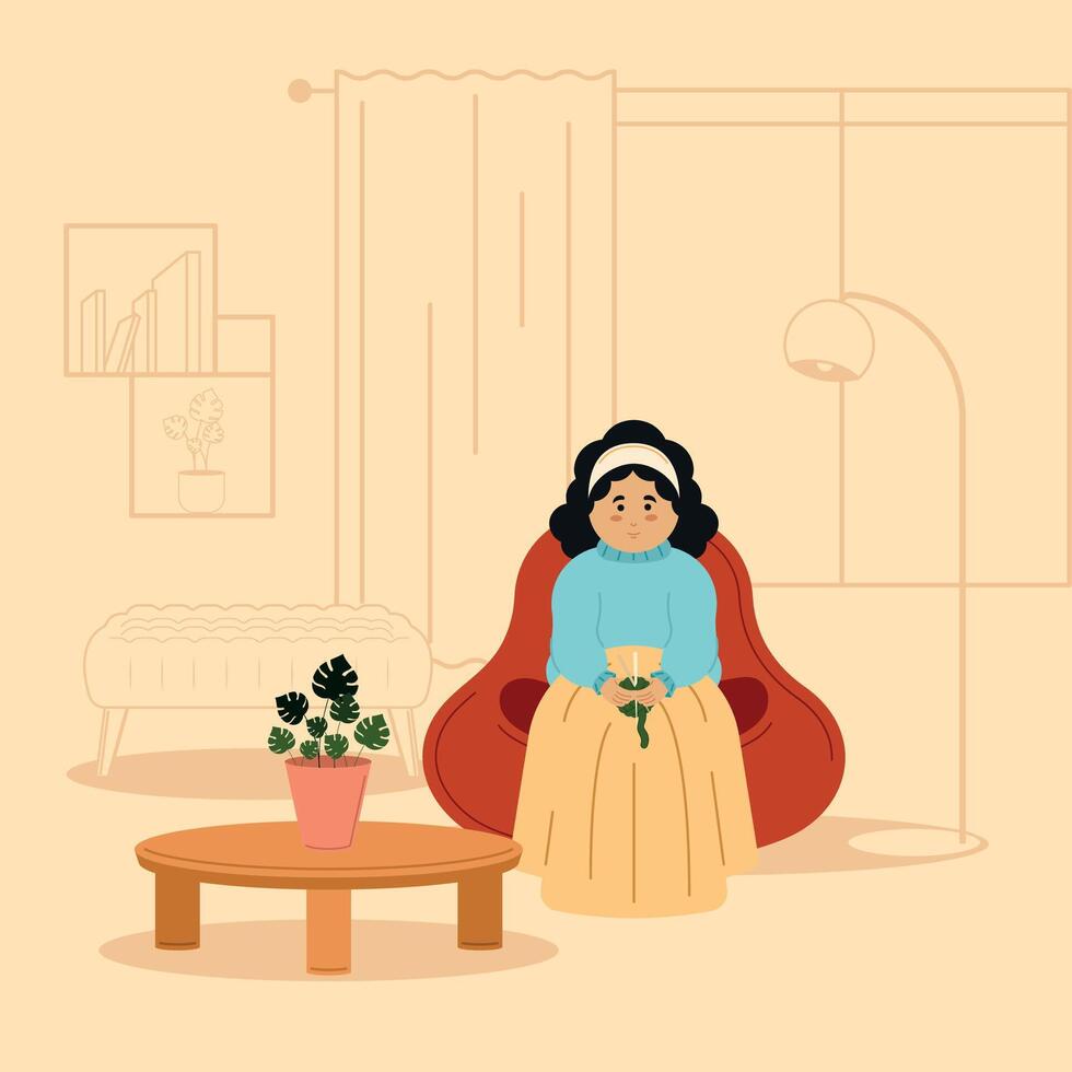 relaxed woman knitting Hygge concept Vector