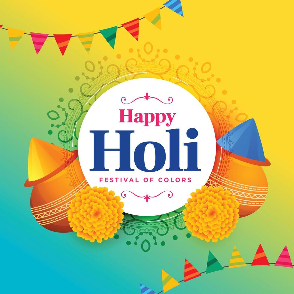 happy holi wishes greeting with garlands and gulaal pot vector