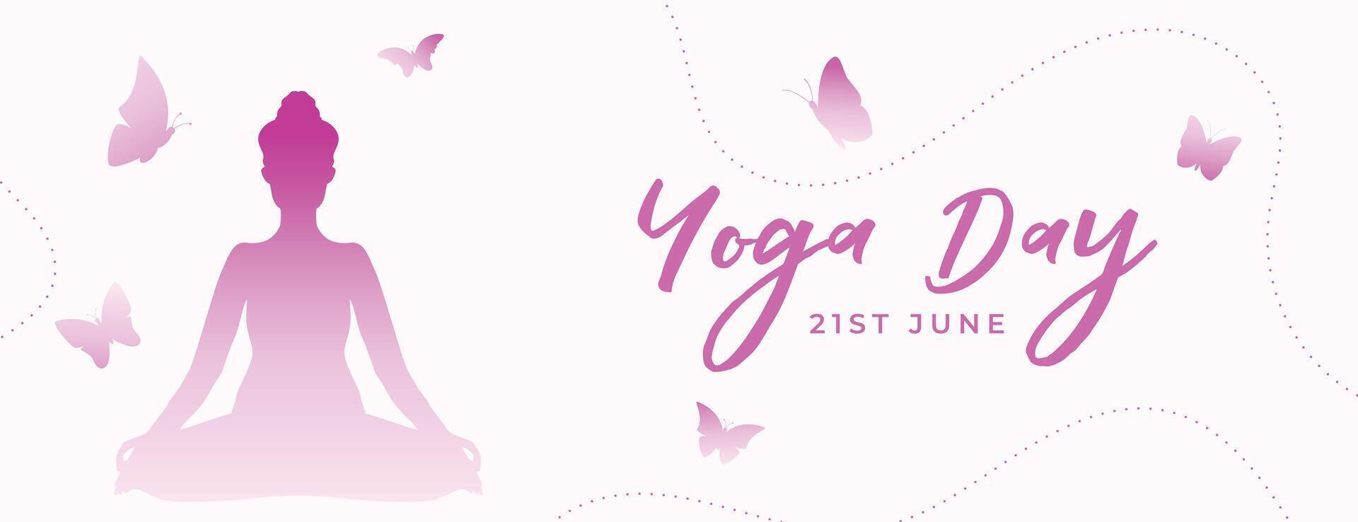 modern 21st june yoga day event banner with cute butterfly design vector
