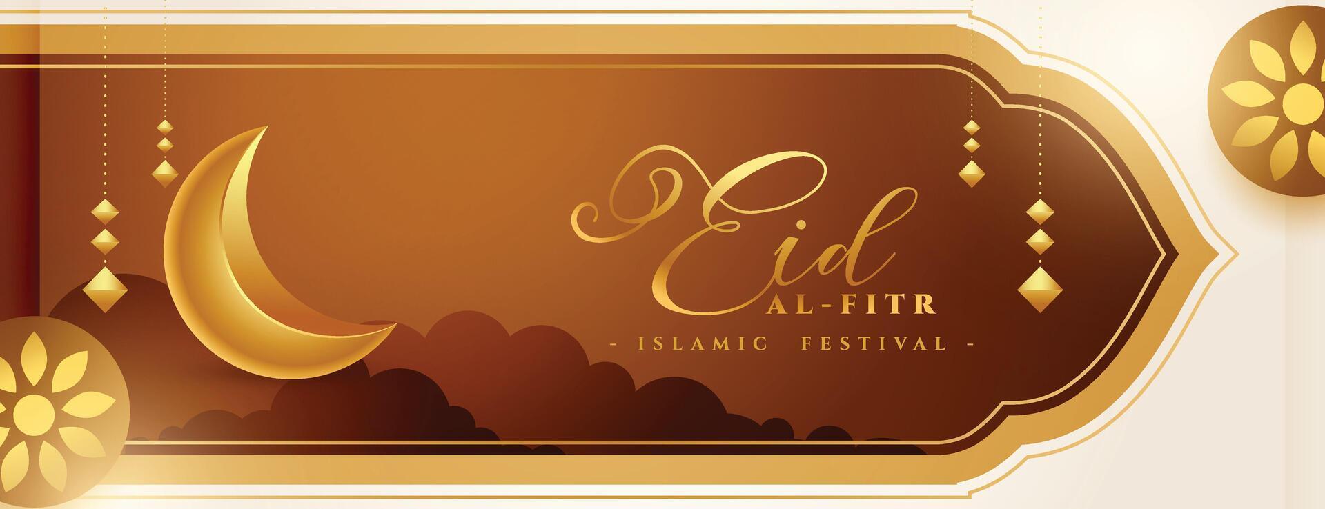 traditional eid al fitr wishes banner with 3d golden crescent vector