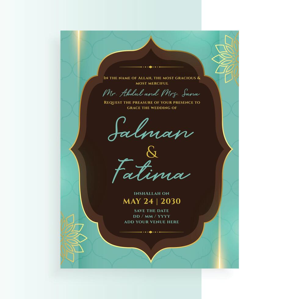 beautiful muslim wedding invitation card flyer design vector