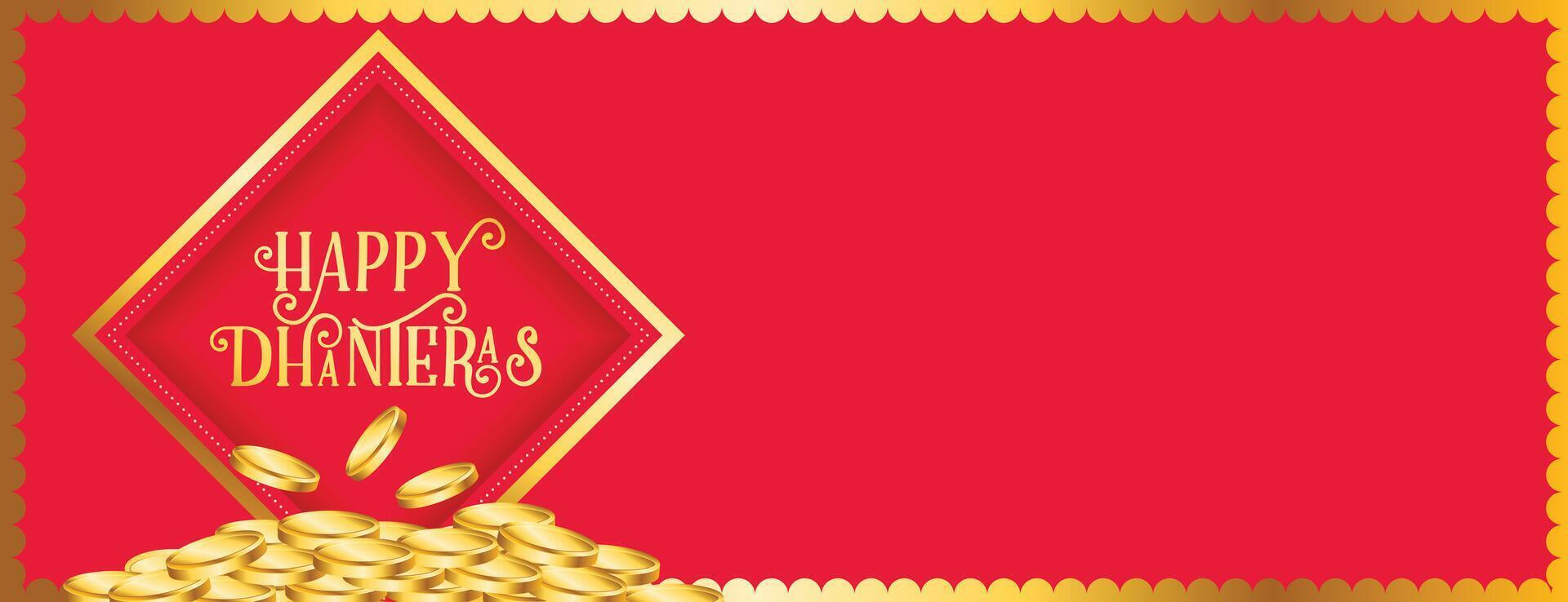 hermosa hindú festival contento Dhanteras evento póster con dorado moneda vector