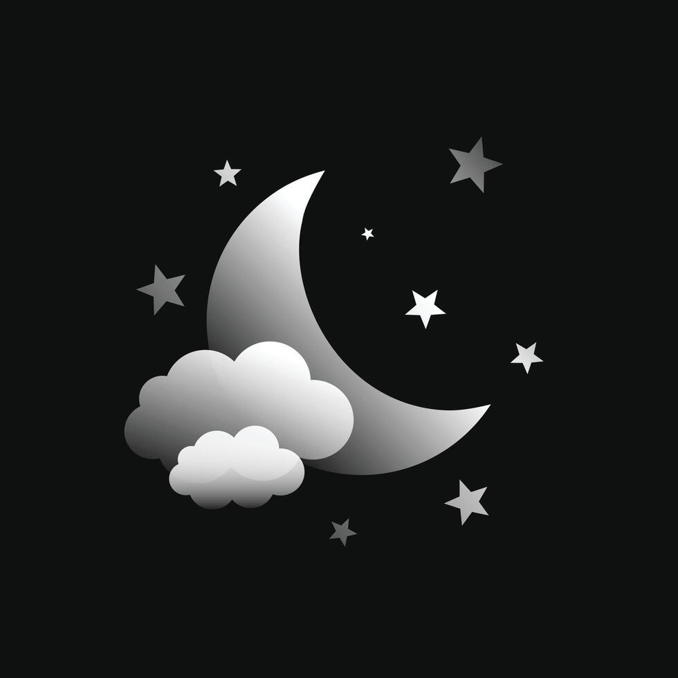 crescent moon and star dark background with cloud design vector