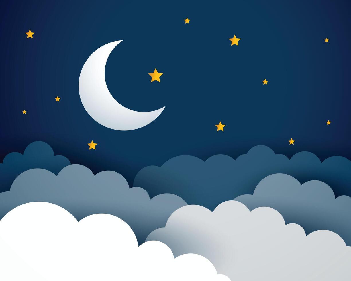 papercut style half moon and star background with clouds design vector