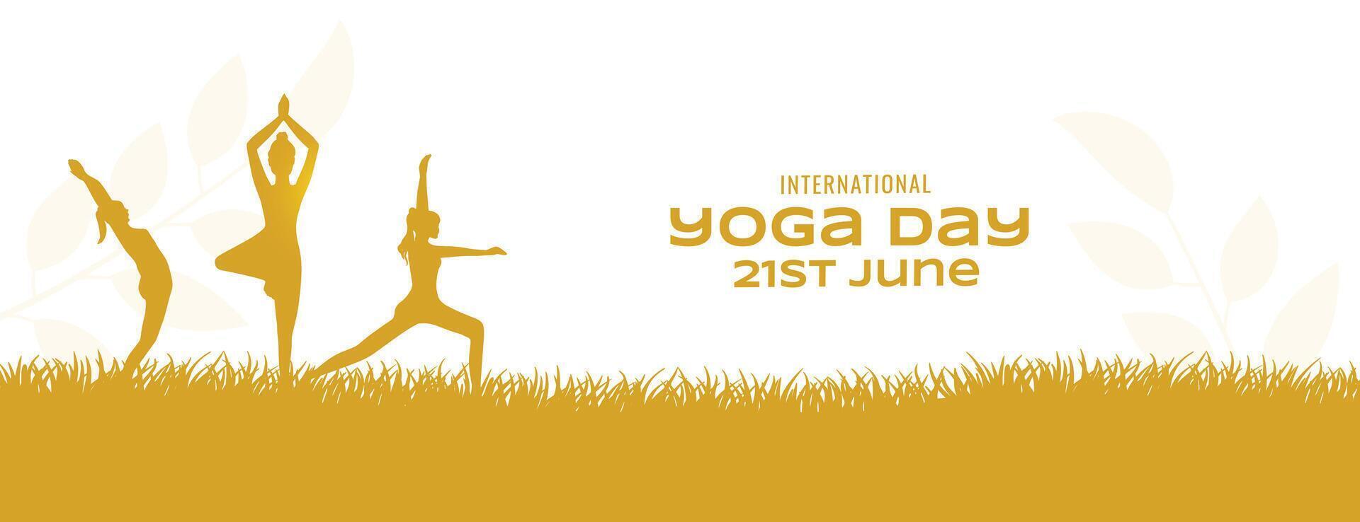 world yoga day celebration banner with women doing exercise on grass vector