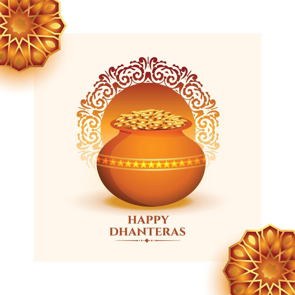 happy dhanteras religious greeting card celebrate diwali with happiness vector