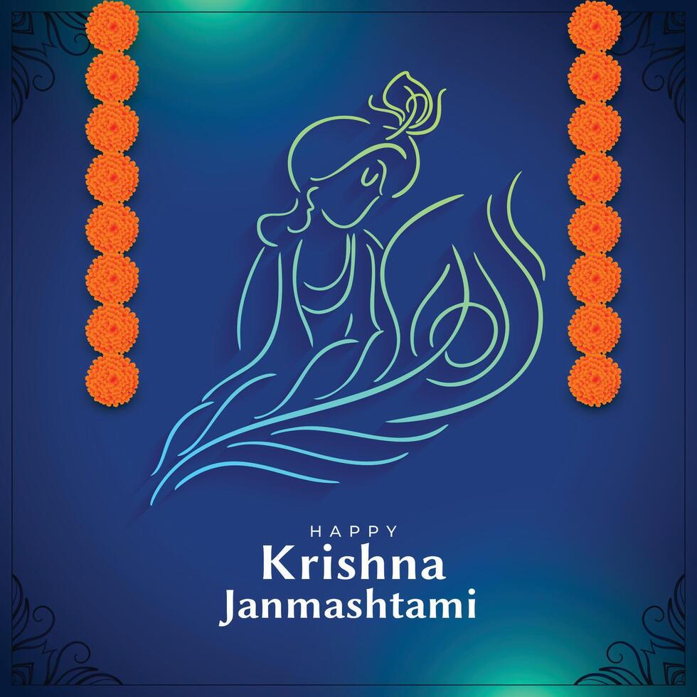 blue krishna janmashtami greeting card design in line style vector