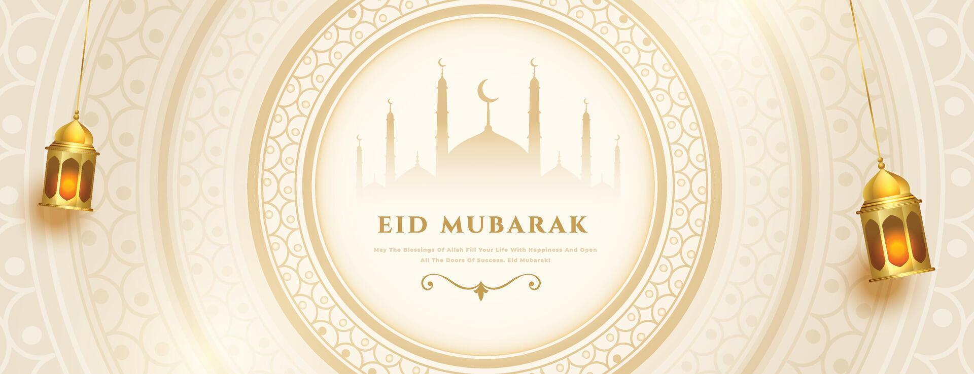 hermosa eid Mubarak deseos bandera con realista linterna vector