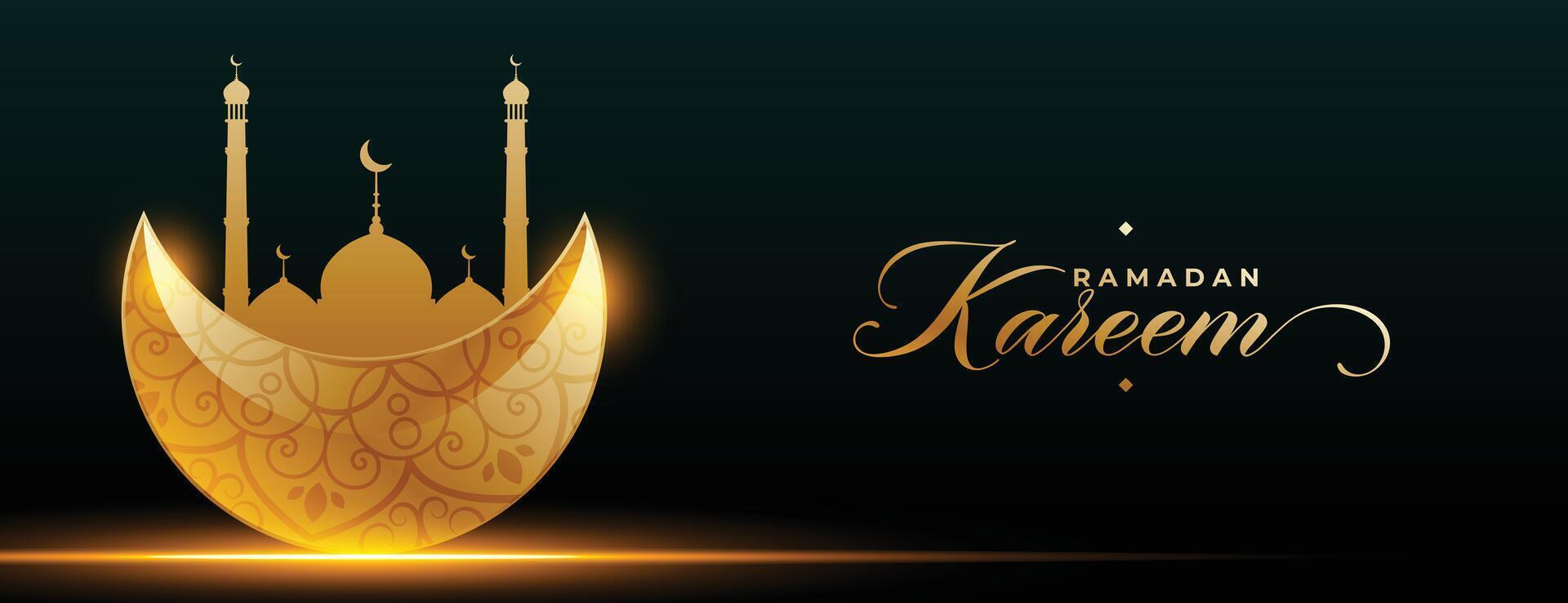 eid ramadan kareem fasting month golden moon and mosque banner vector