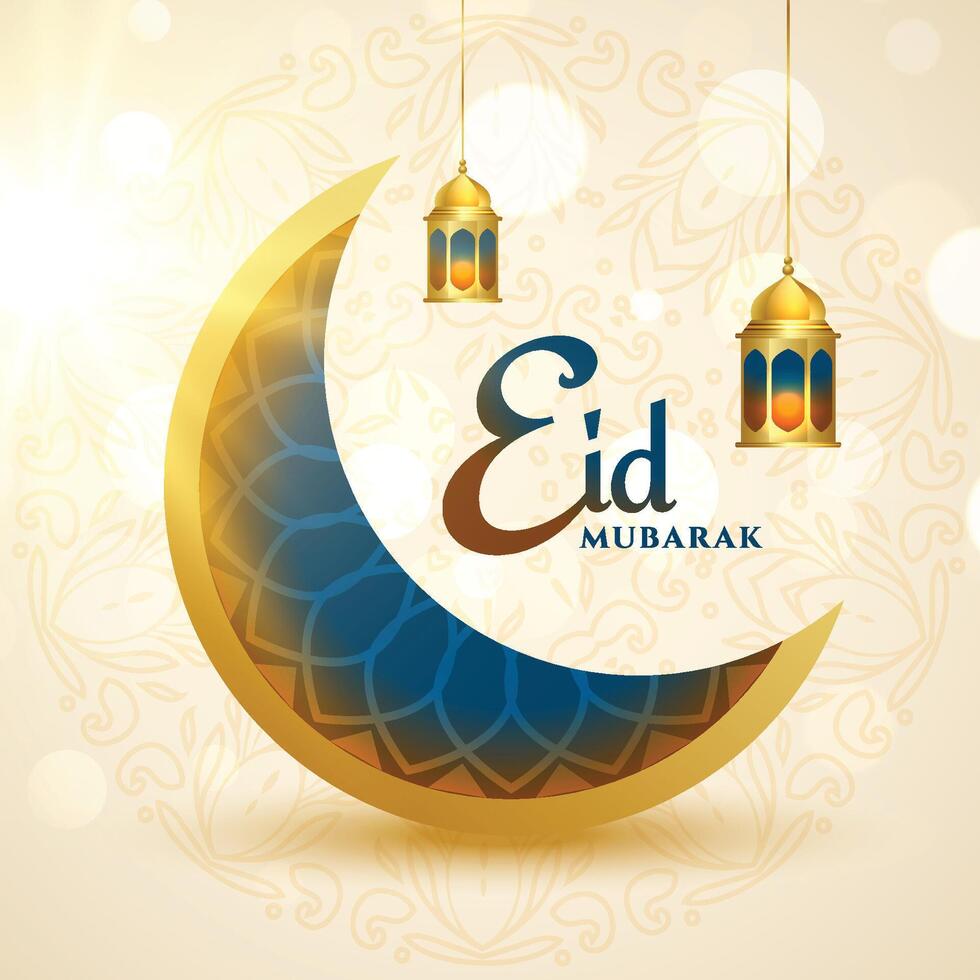 muslim festival eid mubarak greeting card with crescent and lantern vector