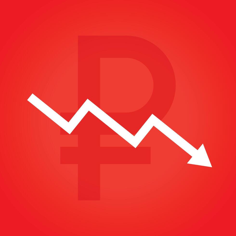 downward arrow of ruble falling vector