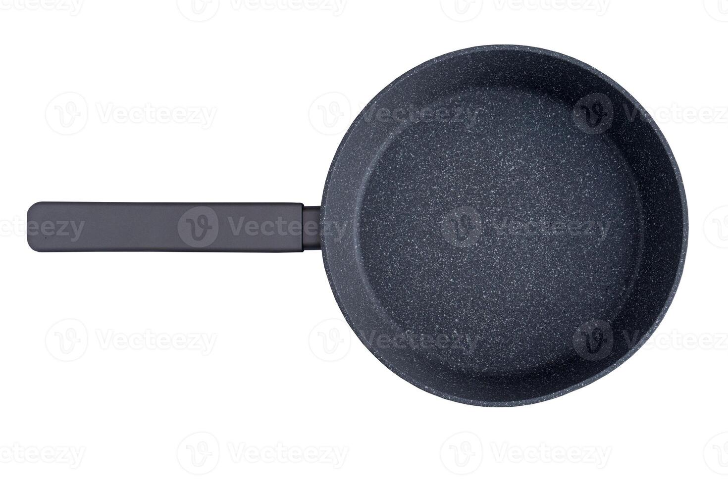 New granite frying pan isolated on white background, top view. Empty fry pan with handle. photo