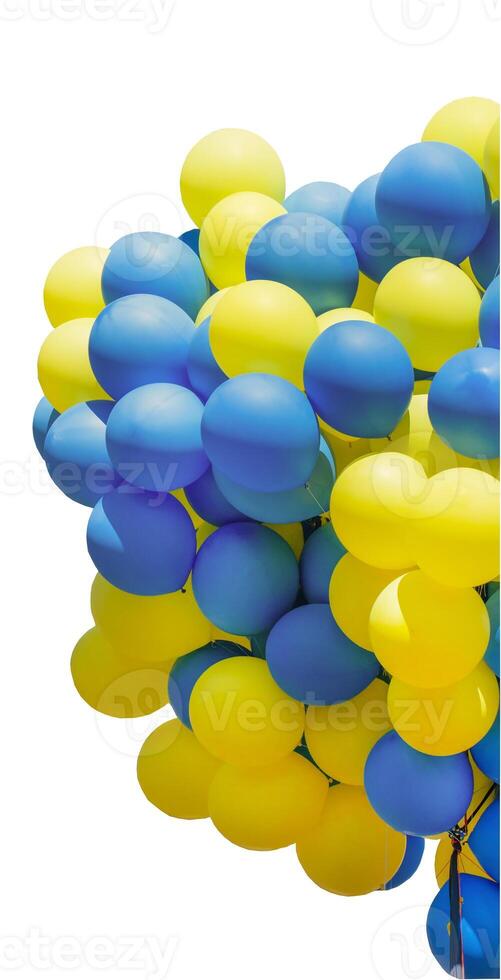 Yellow and blue balloons. Big bunch of balls. Balloon background with place for text. photo