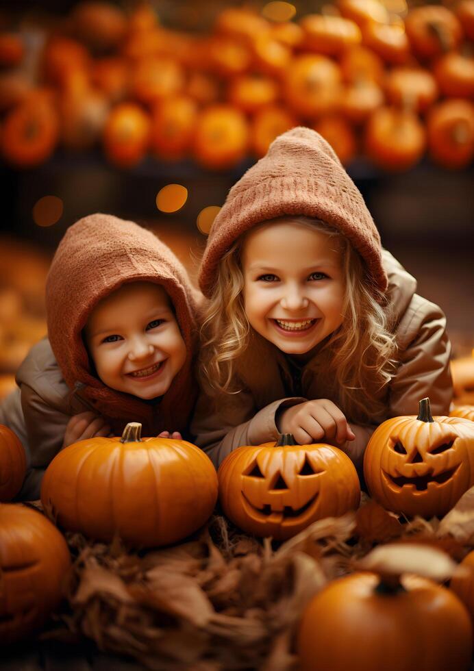 ai generado contento caucásico Pareja niños muchachas con calabaza fiesta, vestido como brujas en Víspera de Todos los Santos fiesta foto