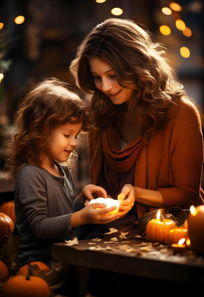 ai generado contento caucásico Pareja madre y hija niño teniendo divertido con calabaza fiesta, vestido como brujas en Víspera de Todos los Santos fiesta foto