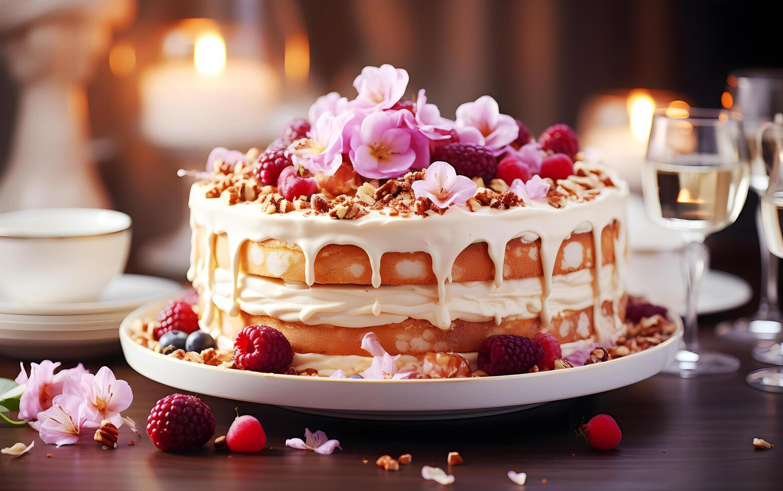 AI generated Homemade bakery cream cheese frosting on delicious cakes and berries pancakes decorated with blooming flowers on topping on wooden table near window photo