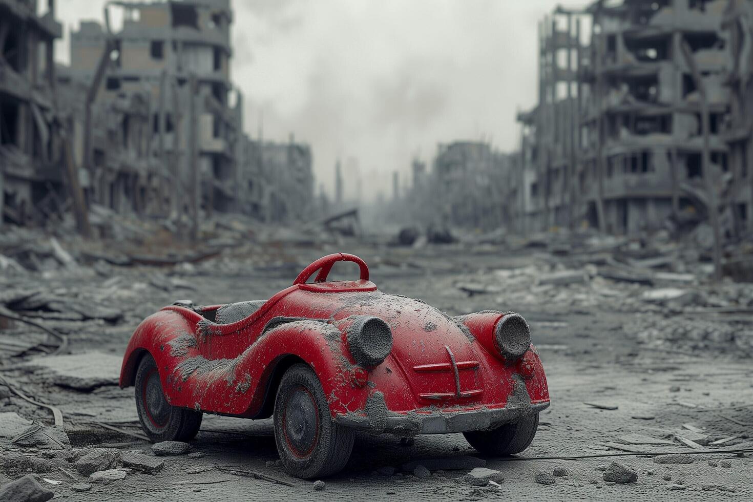 ai generado un rojo juguete coche se sienta en el medio de un destruido ciudad foto