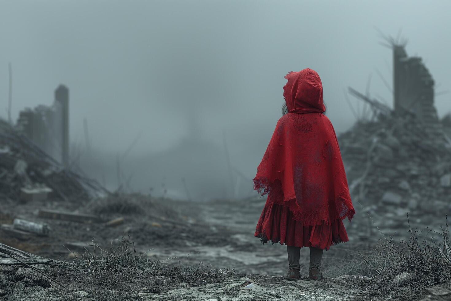 ai generado un pequeño niña en un rojo capa soportes en frente de un arruinado edificio foto