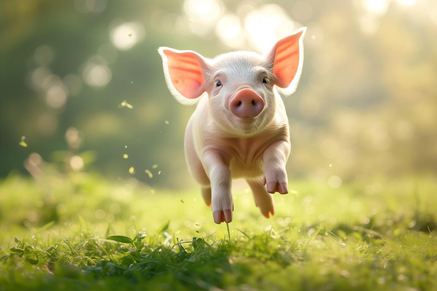 AI generated a pig is running on a green field photo