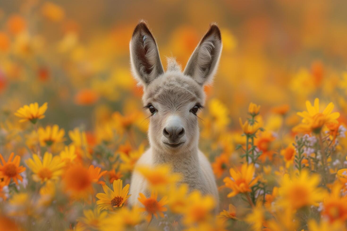 AI generated a baby alpaca in a field of flowers photo