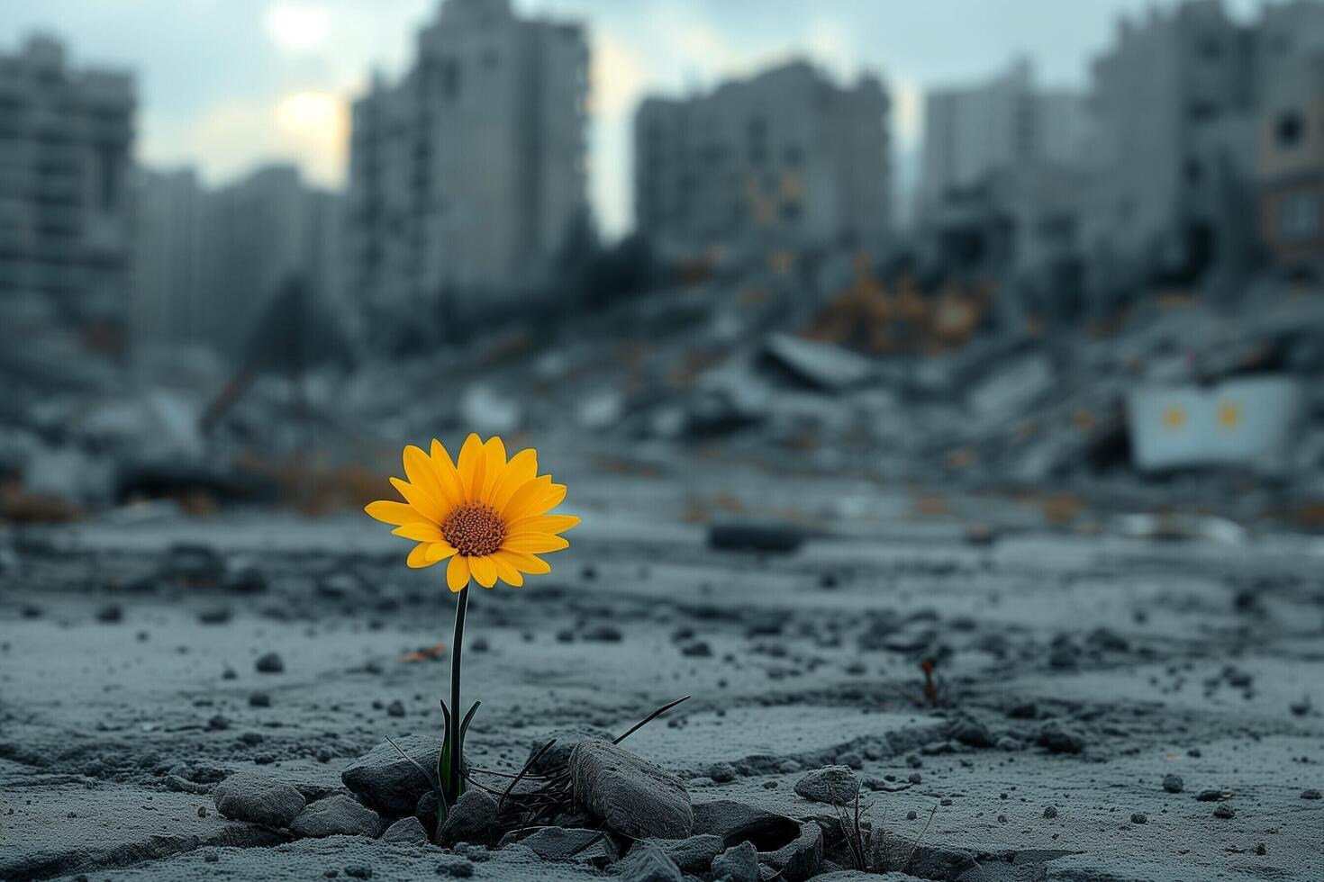 ai generado un solitario amarillo flor soportes en el medio de un destruido ciudad foto