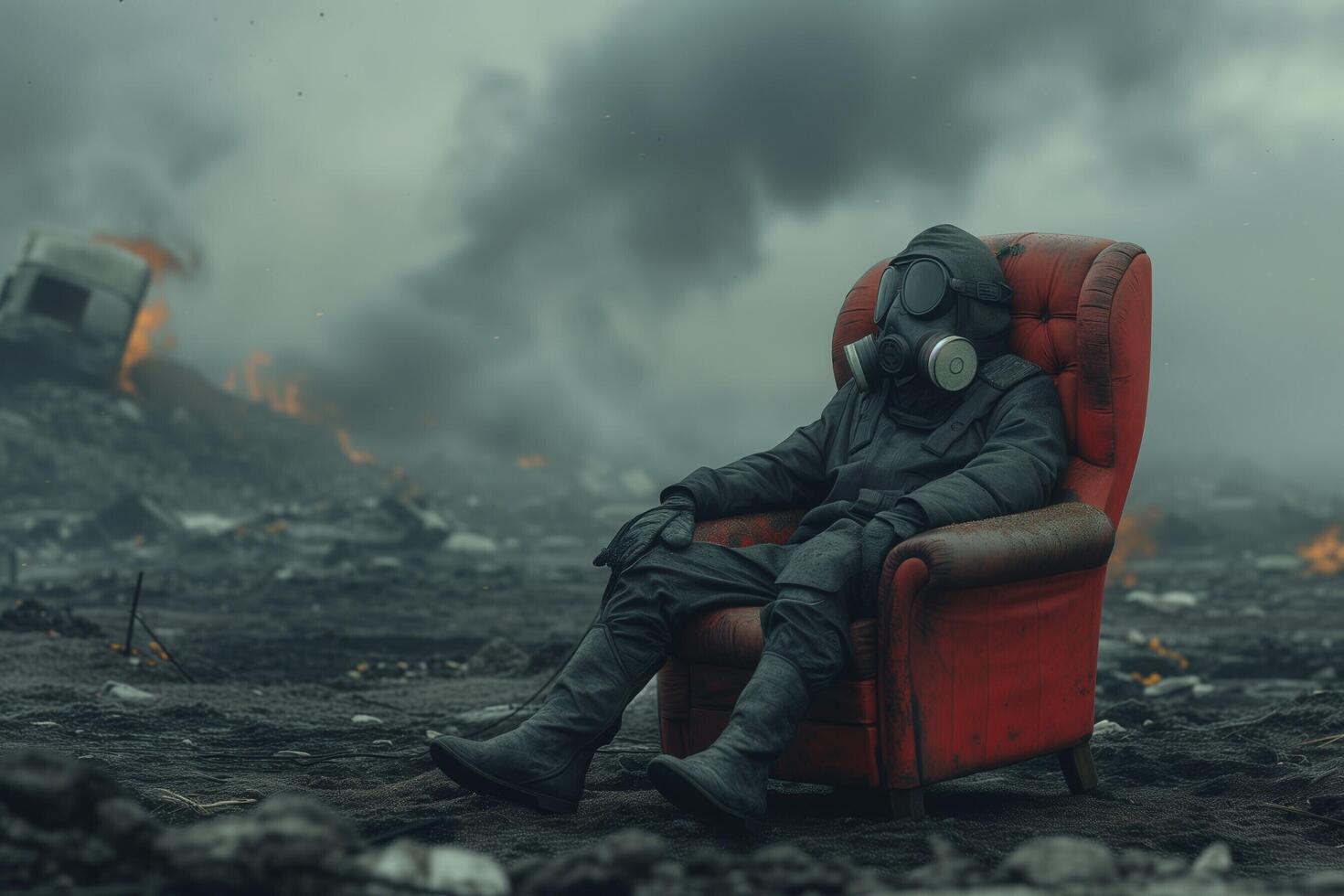 AI generated a man in a gas mask sitting in a chair photo