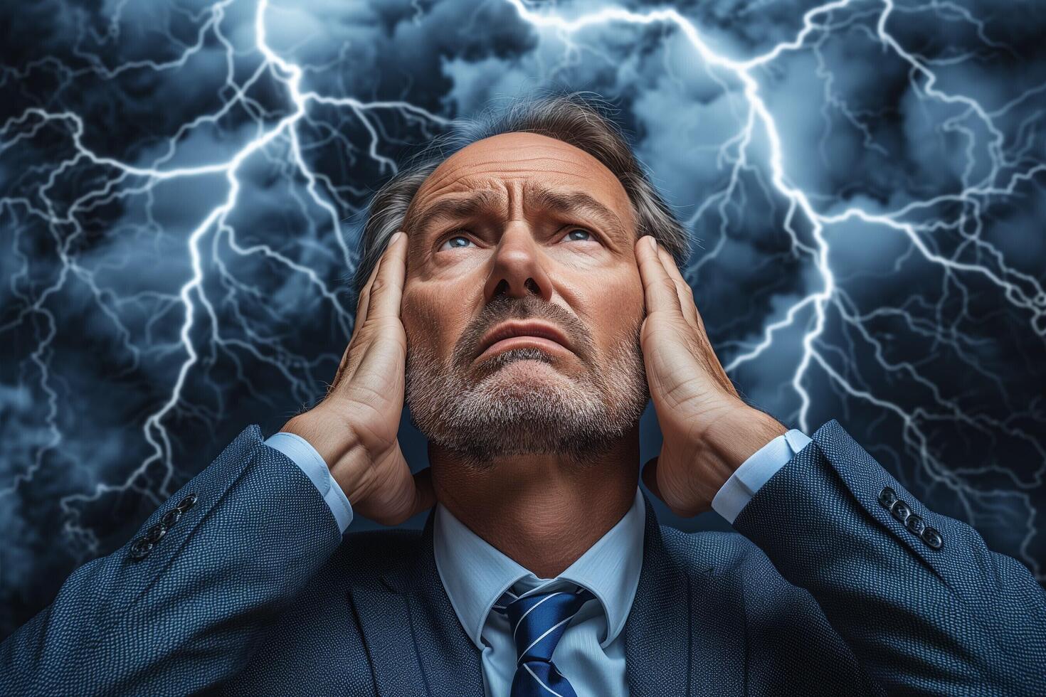 AI generated a man in a suit and tie is holding his head in his hands while looking at a storm photo
