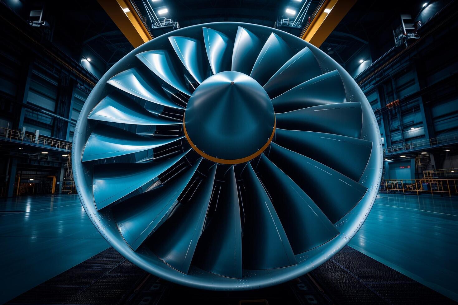 AI generated a jet engine sitting in a large hangar photo