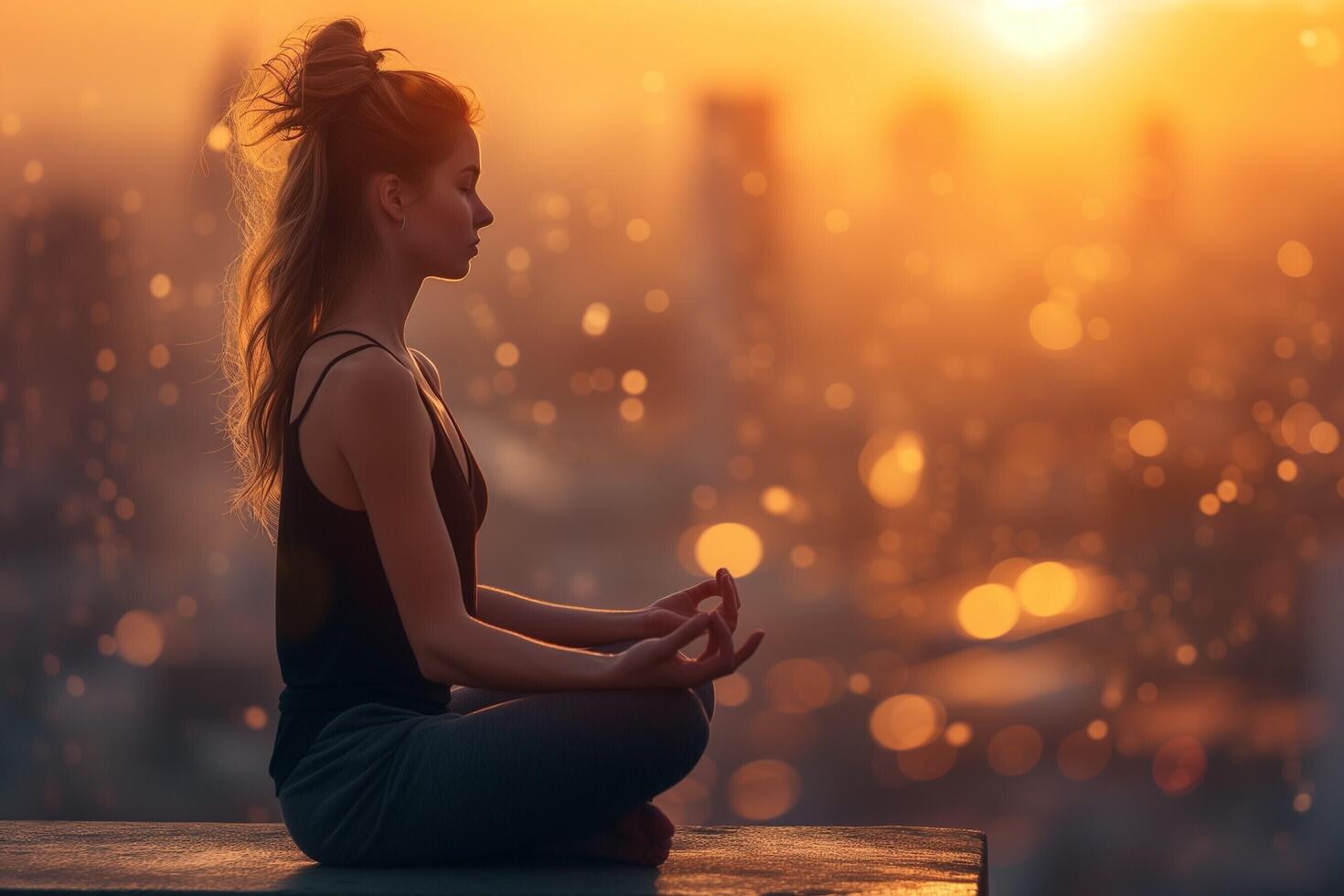 ai generado un mujer meditando en el loto posición a puesta de sol foto