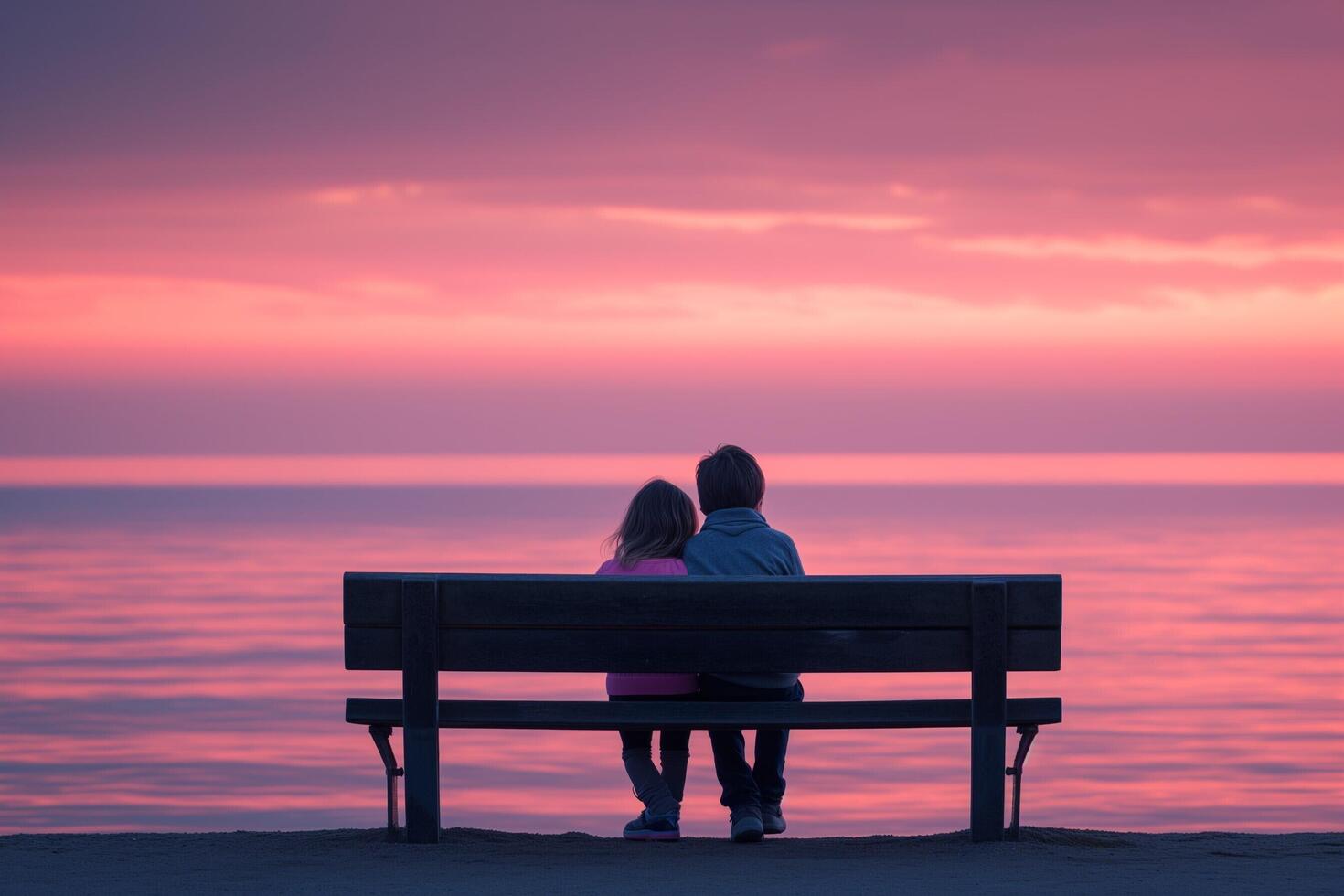 ai generado dos niños sentar en un banco mirando fuera a el Oceano foto