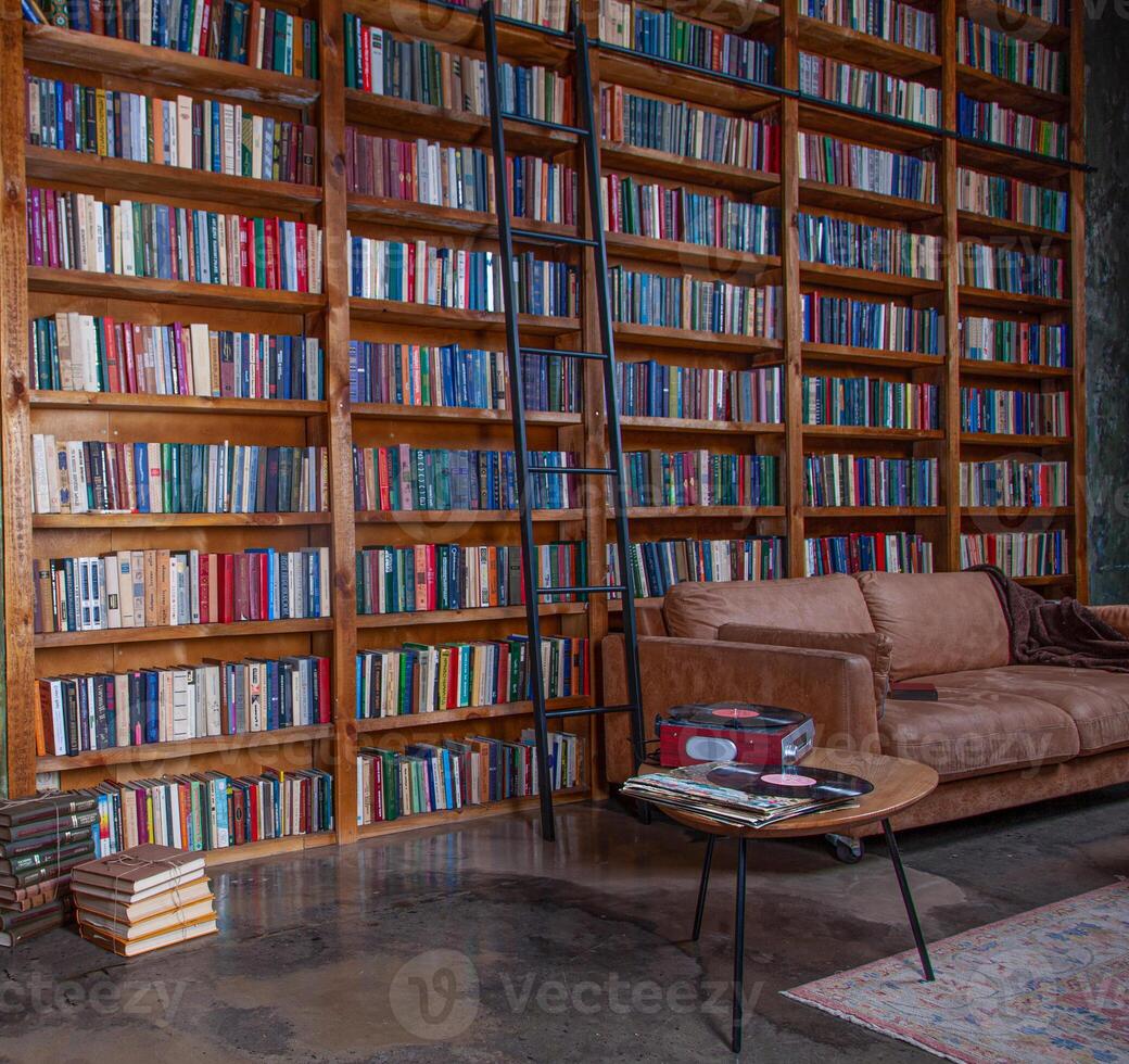 Books on bookshelves in an empty library room. Book background. Knowledge and study at home. Cozy interior for reading. Read recreation and hobby education. photo
