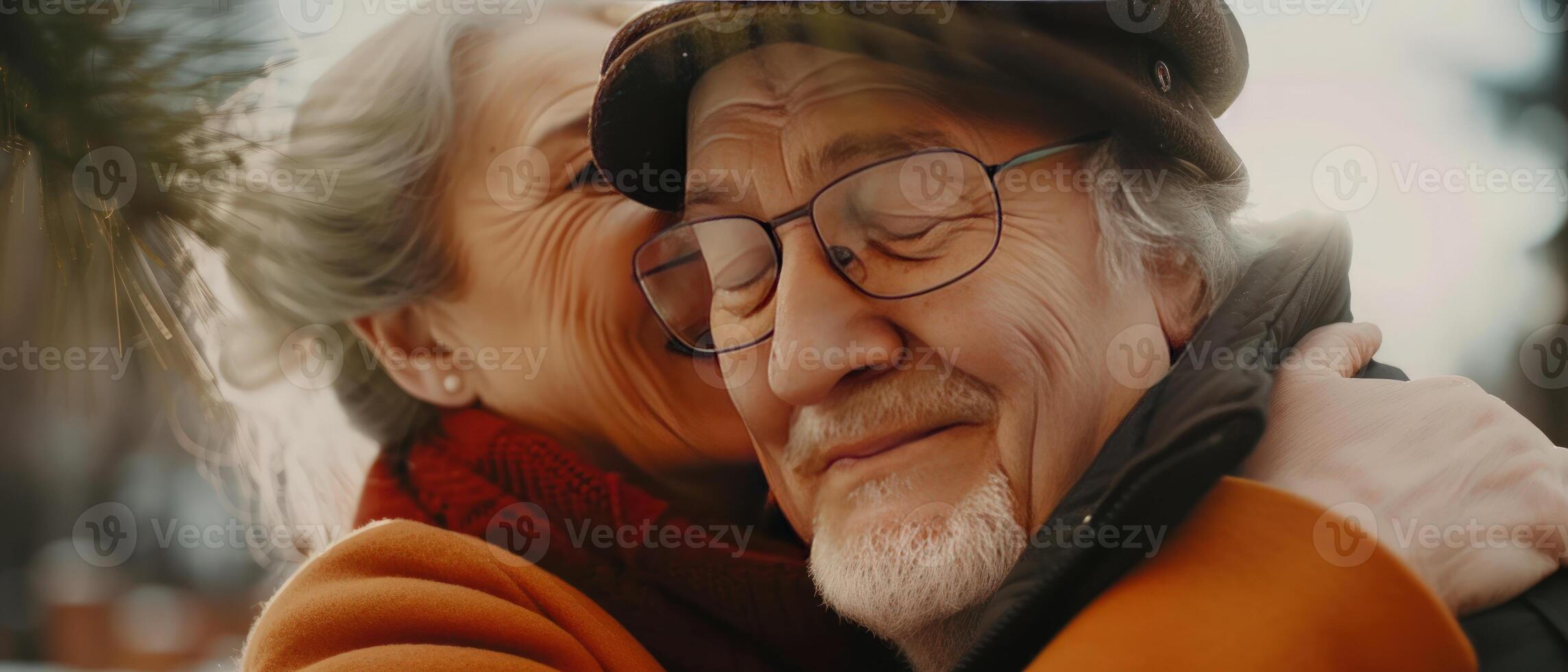 AI generated Happy pensioner keeping smile on his face while embracing his wife, Delighted happy woman smiling. Generative AI photo
