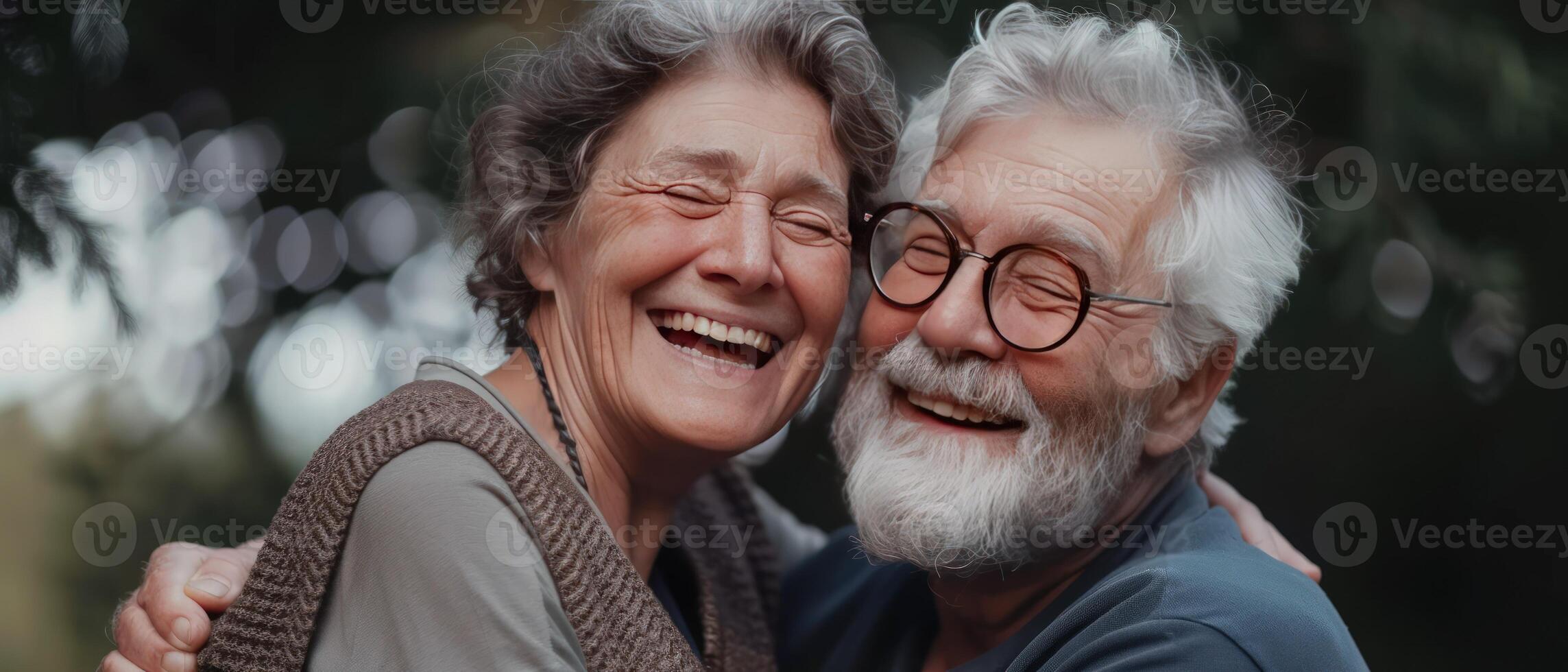 AI generated Portrait of a happy senior married couple having fun at home. They took photos of themselves and laughed while hugging. Generative AI