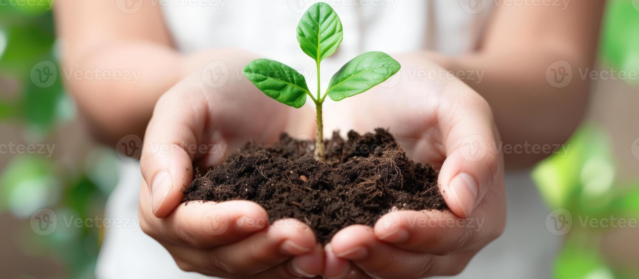 AI generated Hands of farmer growing and nurturing tree growing on fertile soil with green and yellow bokeh background. Generative AI photo