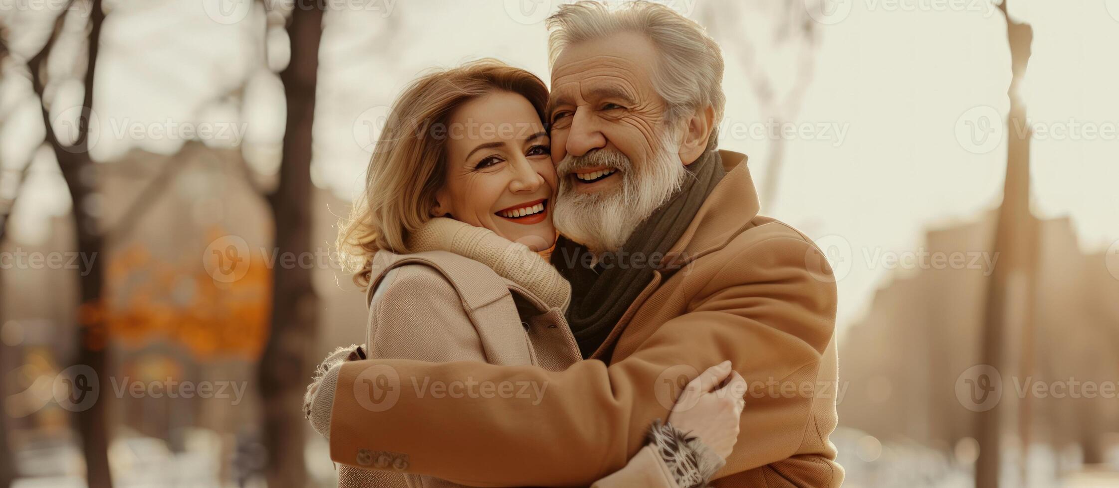 AI generated Cheerful senior loving couple hugging with affection on street. portrait of happy senior man hugging pleased wife. Generative AI photo