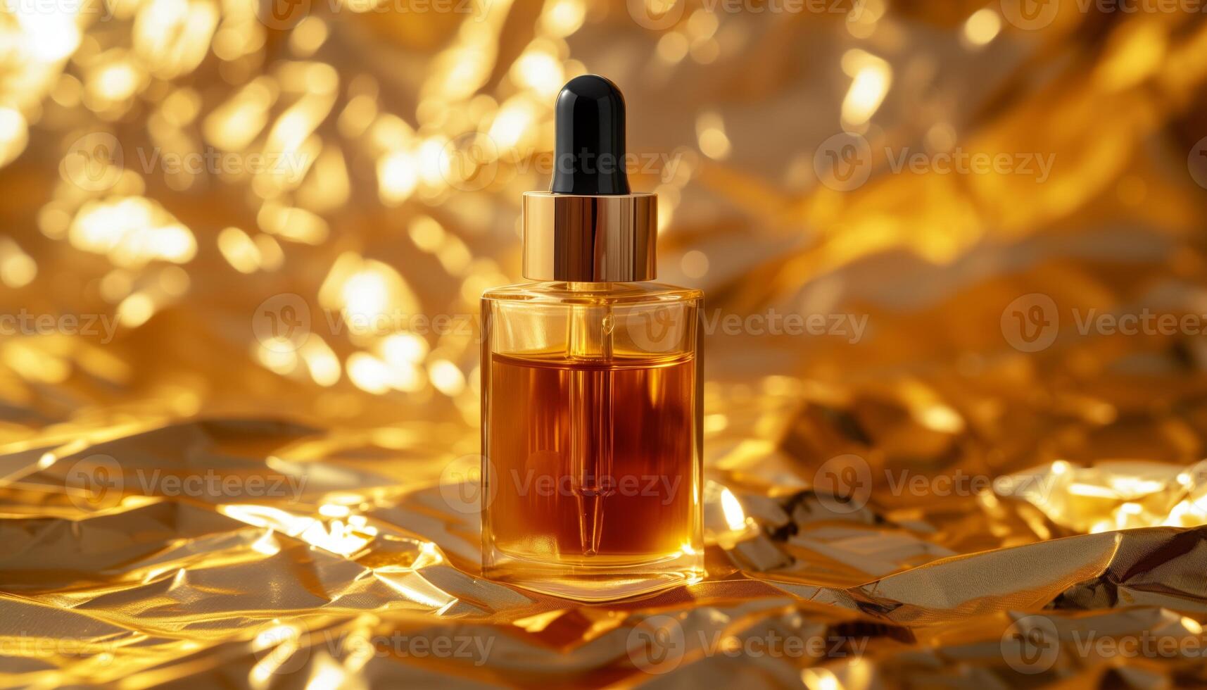 AI Generated Amber glass bottle of essential oil with dropper on gold background photo