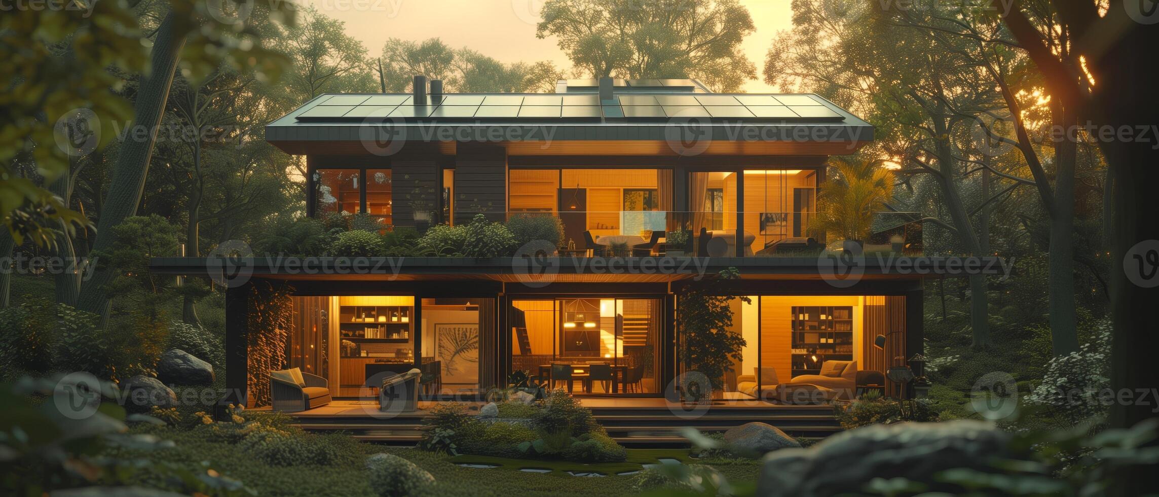 AI Generated Modern house with trees, nestled in forest, surrounded by natures tranquility photo