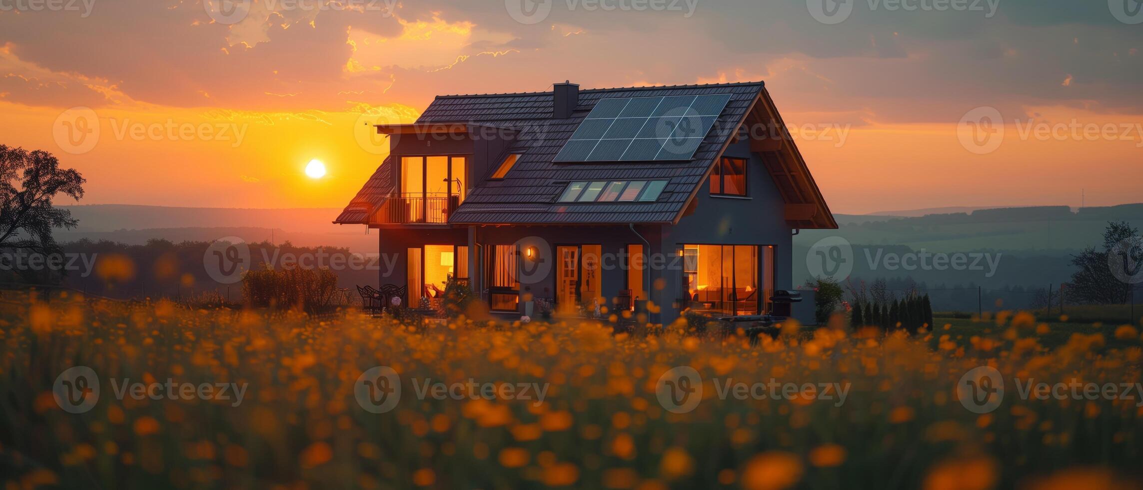 AI Generated House with solar panels on roof in flower field at sunset photo