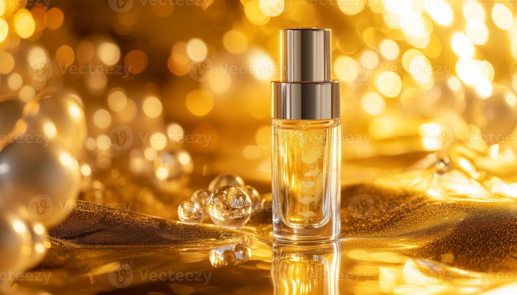 AI Generated A bottle of perfume, liquid amber, on a table with a gold background photo